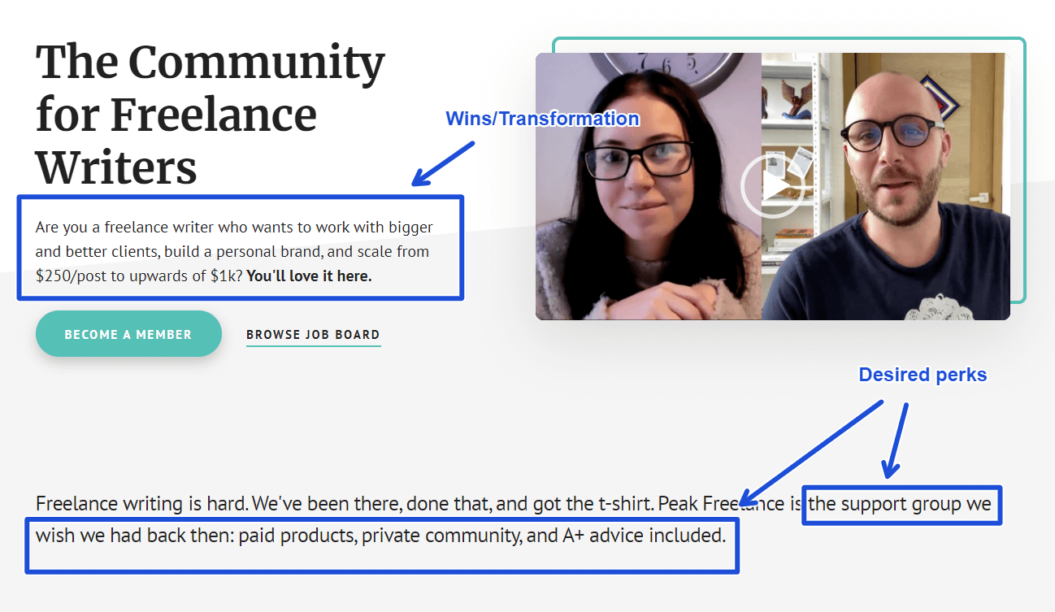 A screenshots shows the landing of a subscription business for freelance writers.