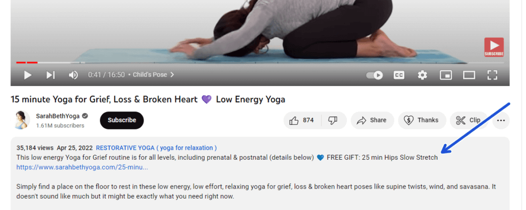 Screenshot of Sarah Beth Yoga's YouTube video description with a link to her membeship website.