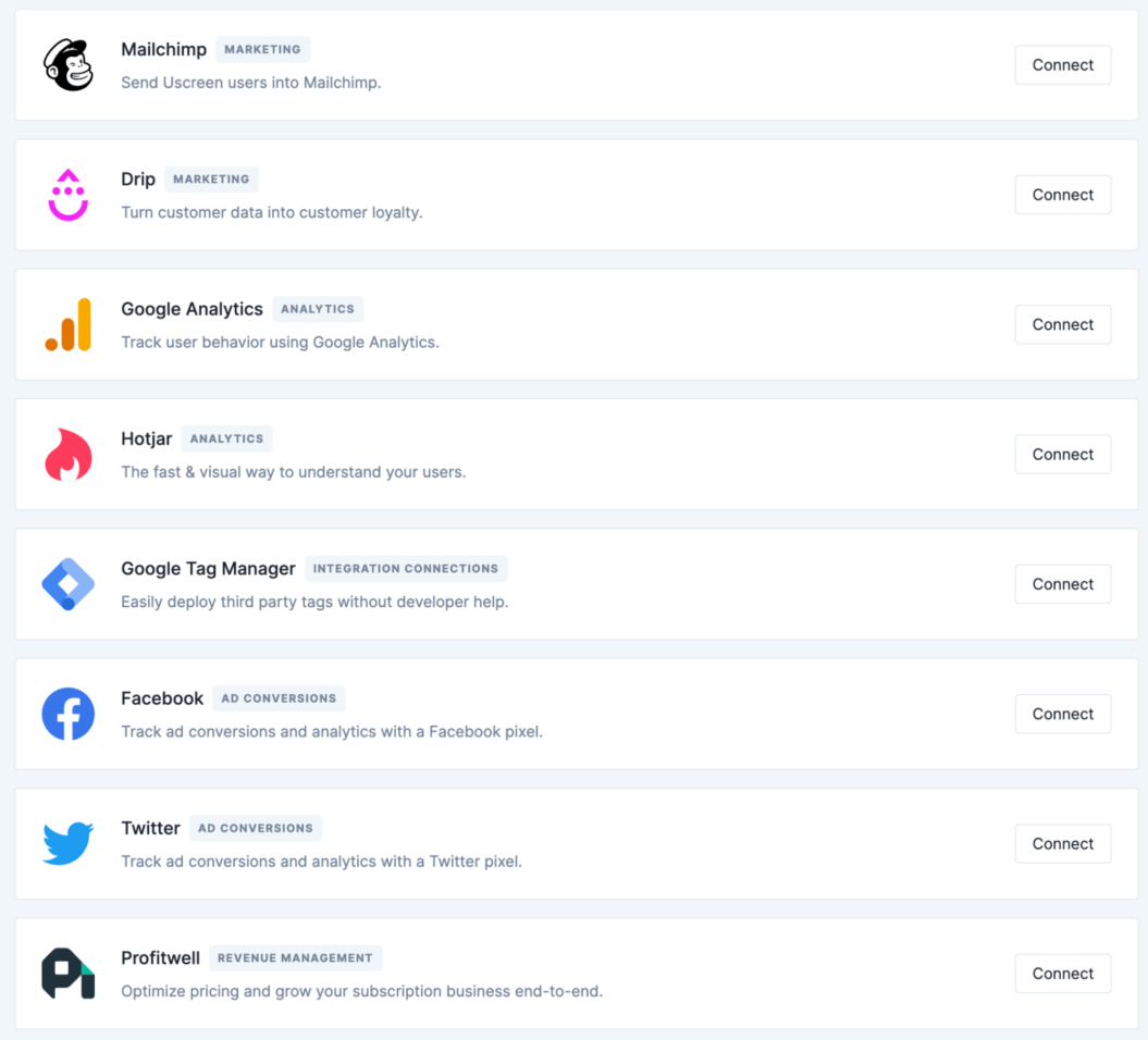 An image shows Uscreen's third party app integrations.