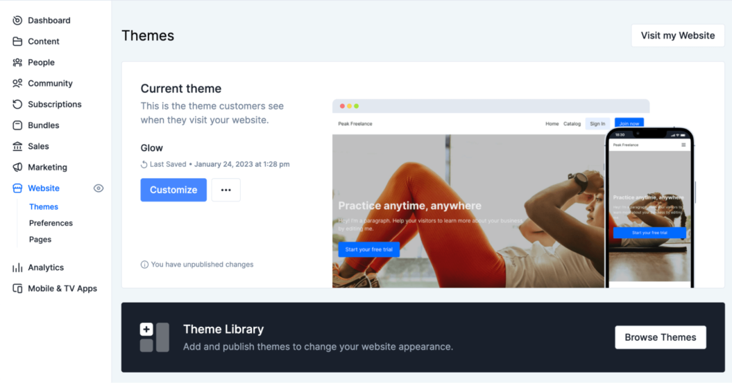 An image shows the themes library available to creators to customize their video website.