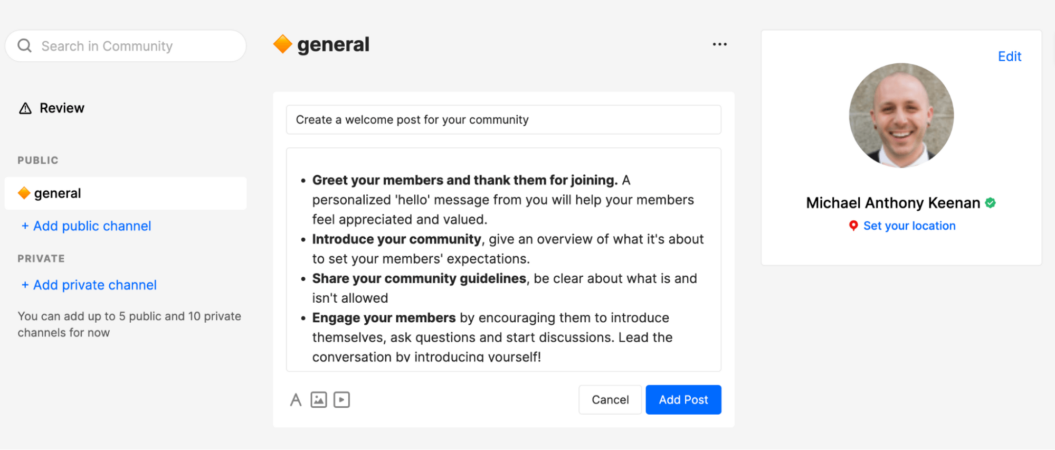 An image shows how a welcoming post for an online community could look like.