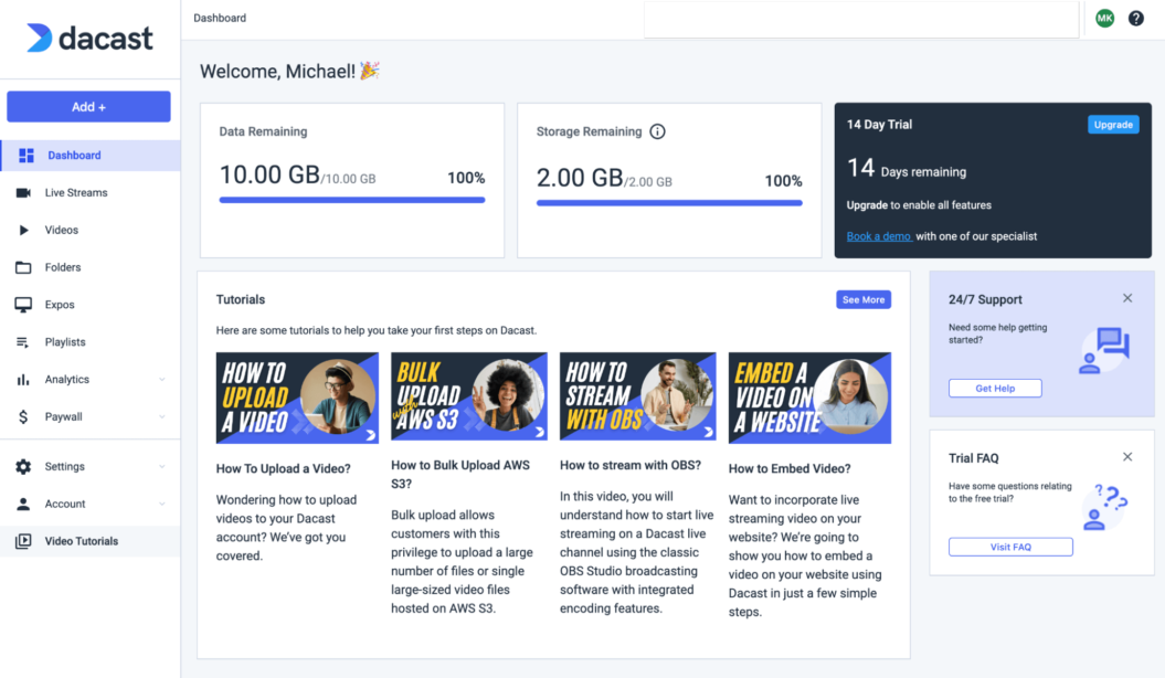 An image shows the user dashboard for Dacast, another OTT platform.