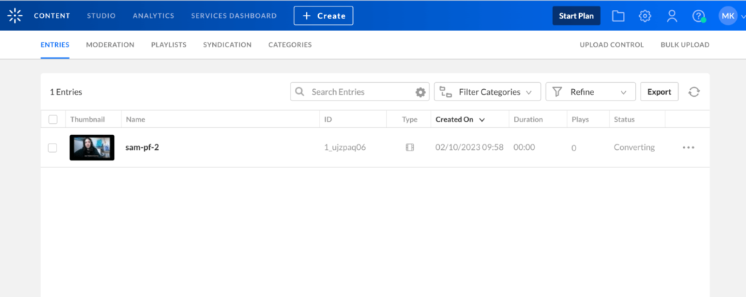 An image showing the user dashboard for Kaltura, the first open source video streaming platform.
