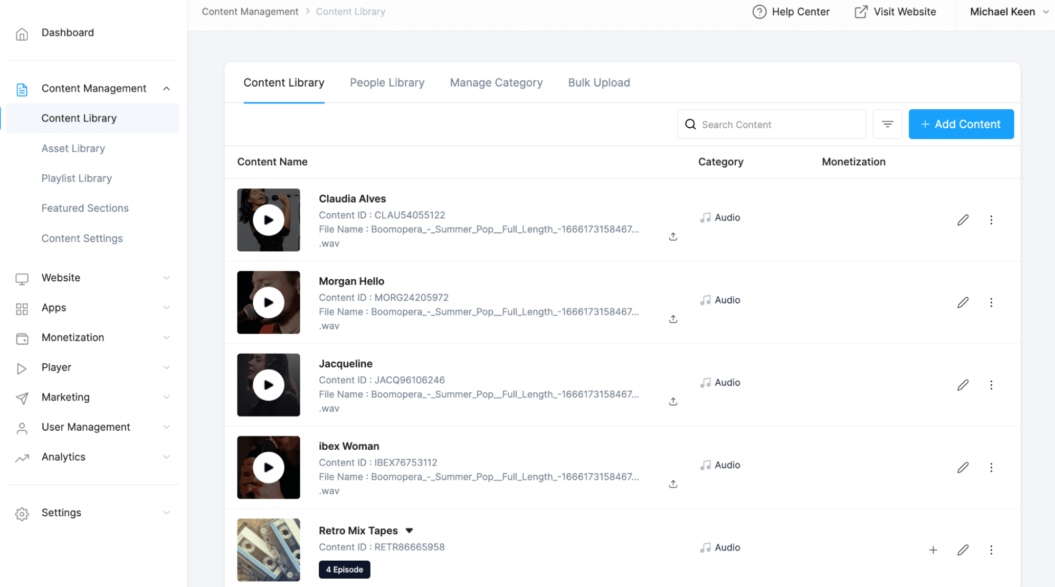 An image shows the dashboard for the content library on Muvi, another OTT platform for enterprise businesses.
