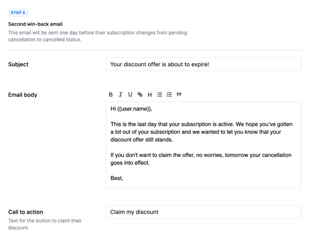 An image shows what a customer win-back type of email template could look like.