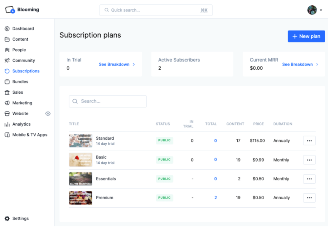 An image showing how subscriptions plans dashboard looks like for Glooming, a video membership business using Uscreen as the best live streaming platform.