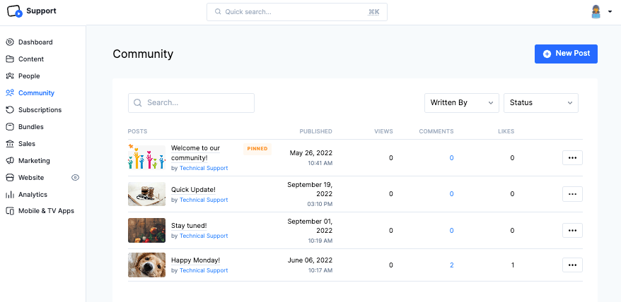 An image shows the Community tab on Uscreen's platform.