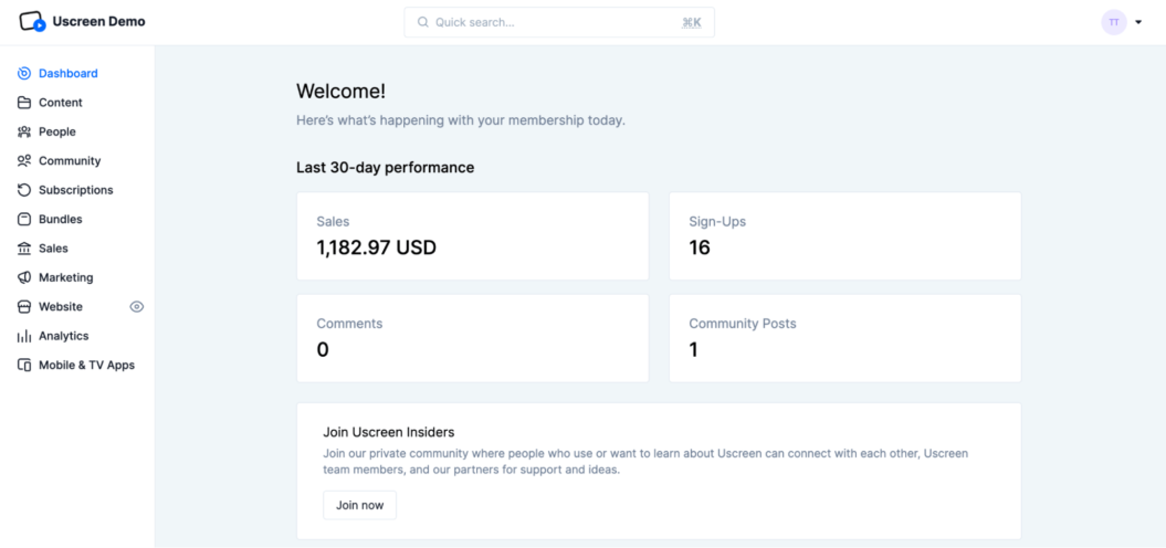 An image shows a demo version of Uscreen's admin dashboard.