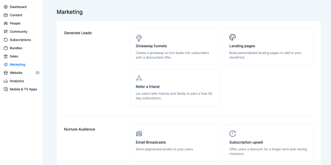 An image shows Uscreen's marketing tools for an OTT membership business.