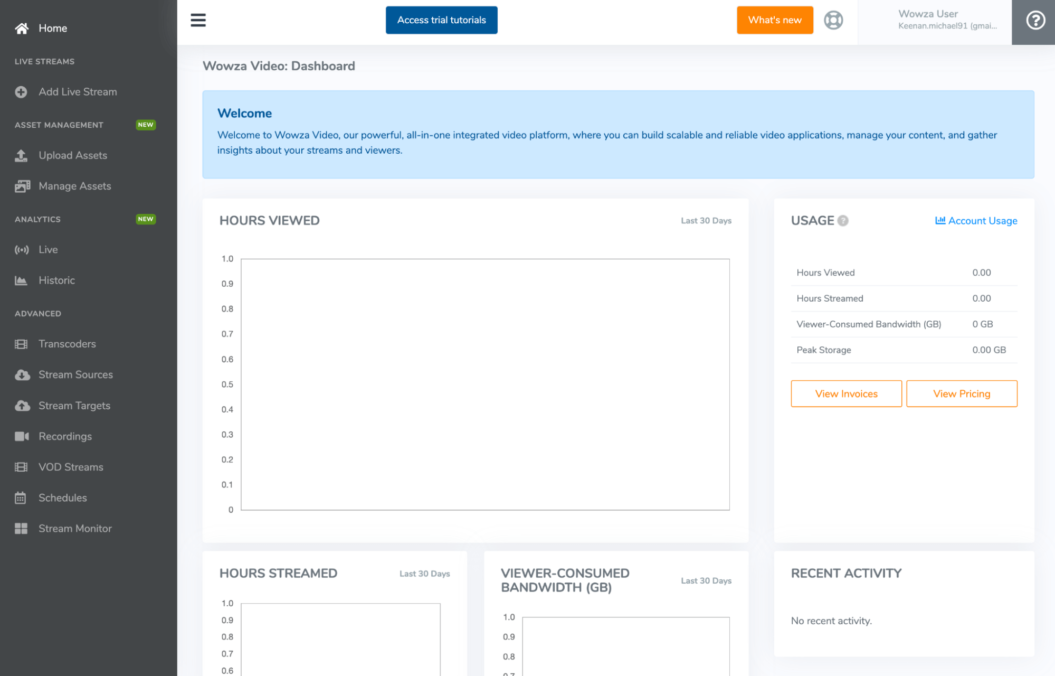 An image shows the admin dashboard for Wowza, an OTT platform for live streams.