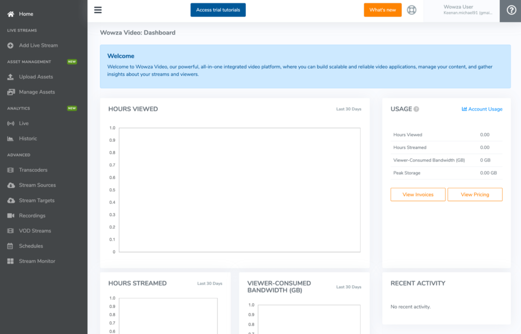 An original screenshot of Wowza’s user dashboard for Michael Keena's account, the author of this post.