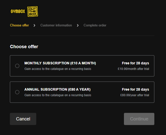 A screenshot shows GymBox's membership subscription plans for monthly and annual.