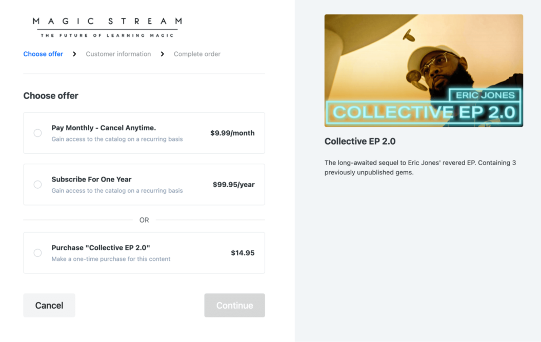 A screenshot shows the checkout page of video streaming service MagicStream, the future of learning magic.