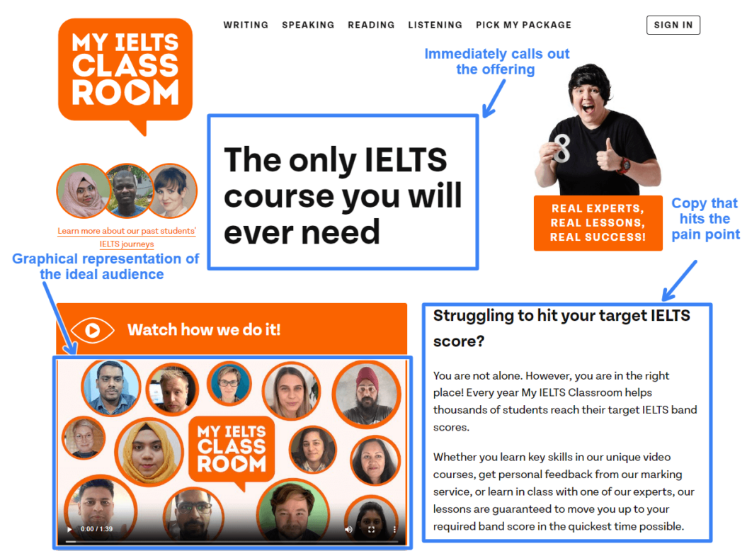 A screenshot shows how My IELTS Classroom, a membership website using Uscreen, scaled its online course business.