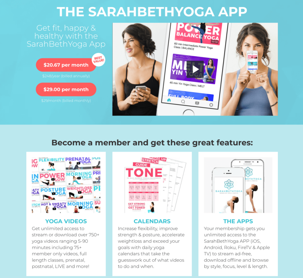 A screenshot shows SarahBethYoga's app for her membership business.