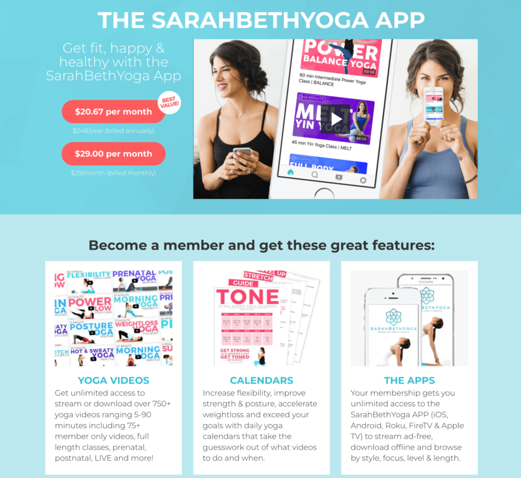 Image shows the Sarah Beth Yoga streaming service and membership app and perks.