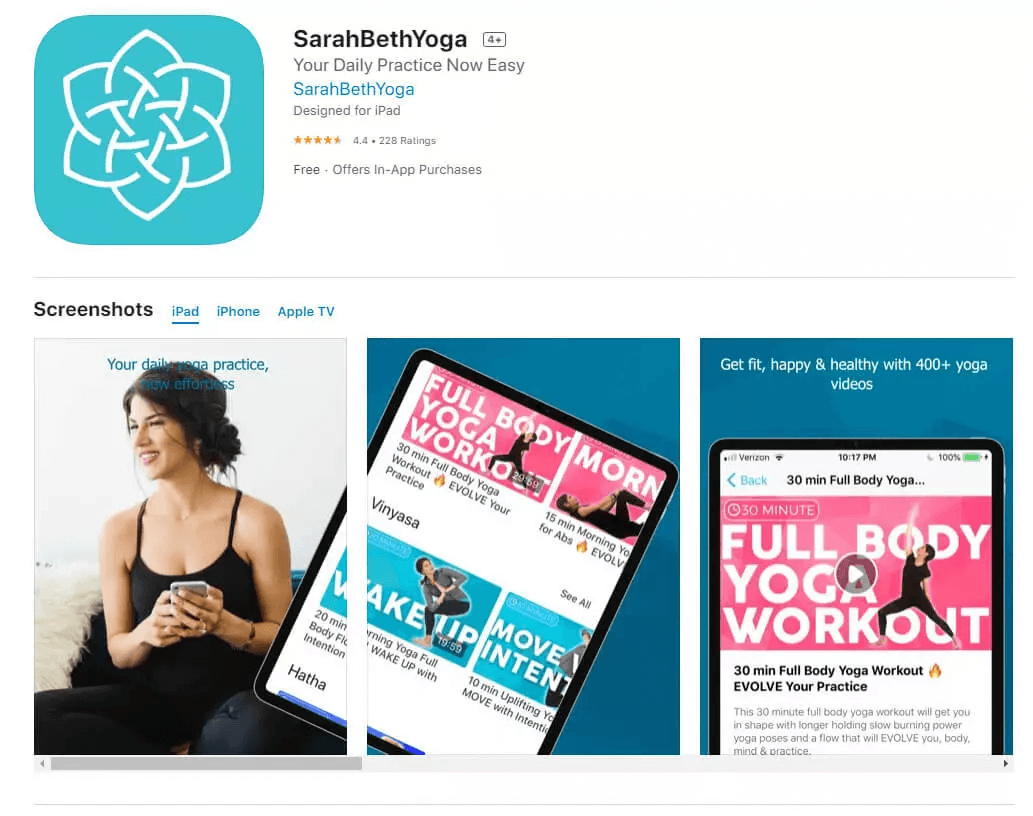 A screenshot shows how SarahBethYoga's app looks like on Apple' App store.