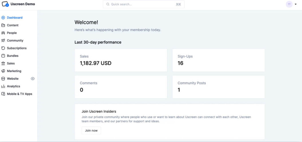 A screenshot shows how the Uscreen admin dashboard looks through a demo account.