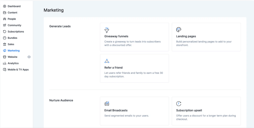 A screenshot shows how the Uscreen admin dashboard looks for a video membership website.