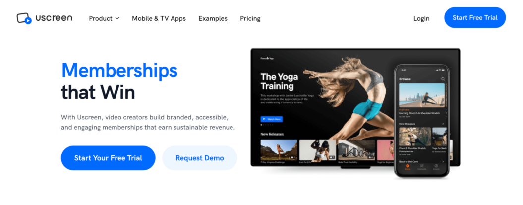A screenshot shows a section from Uscreen's website homepage.