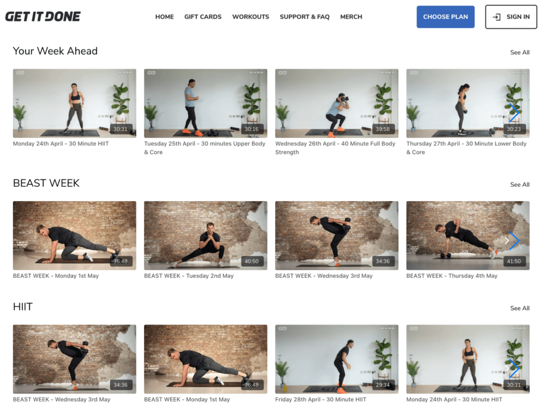 A screenshot of Get It Done, a fitness coaching platform, website.