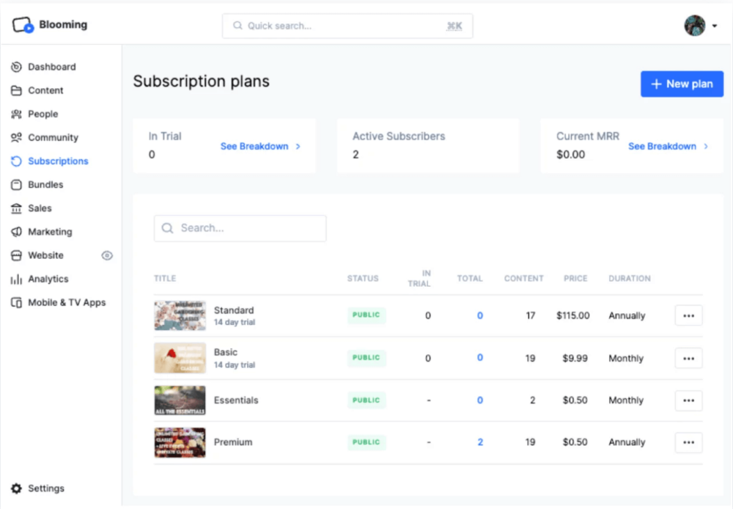 A screenshot shows different subscription plans available for membership and online course businesses through Uscreen's dashboard.