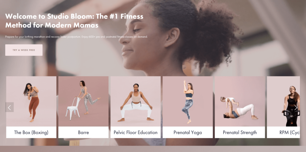 An image shows various videos from the membership website called The Bloom Method, a prenatal yoga video platform.