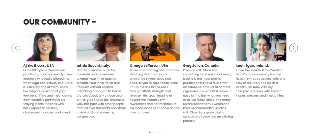 A screenshot of a premium community built for Practice With Clara yoga classes.