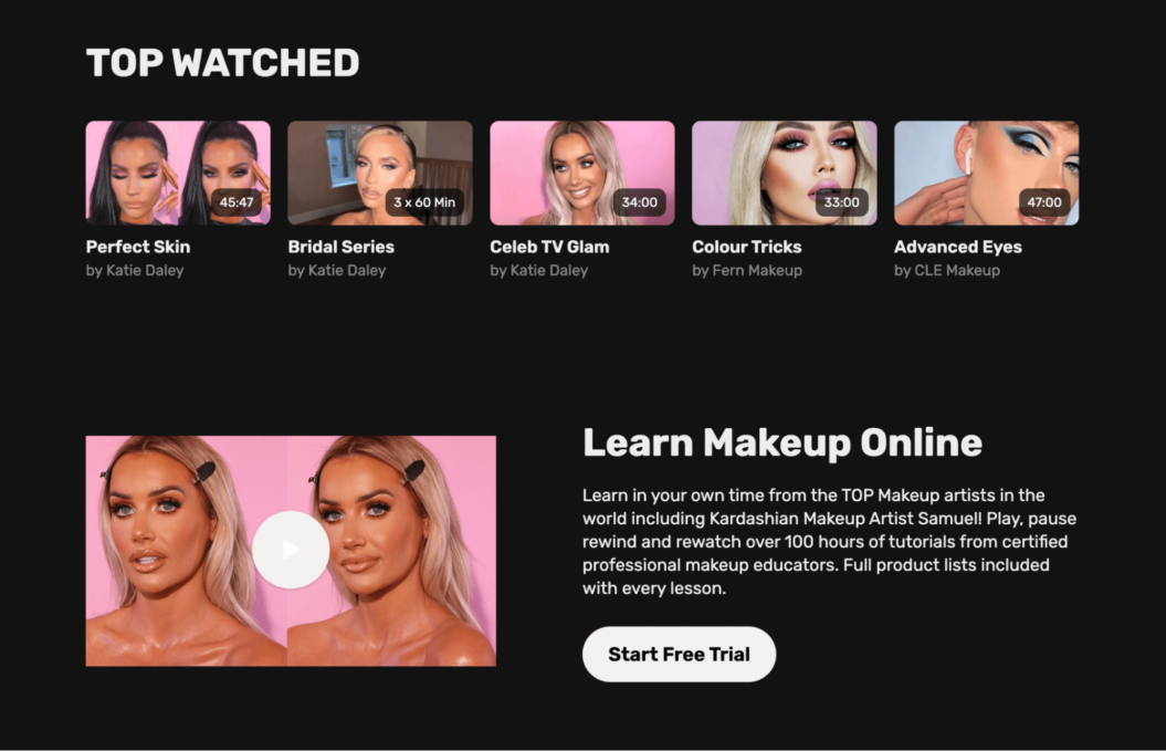 A screenshot of Signature TV's premium content for online makeup classes.