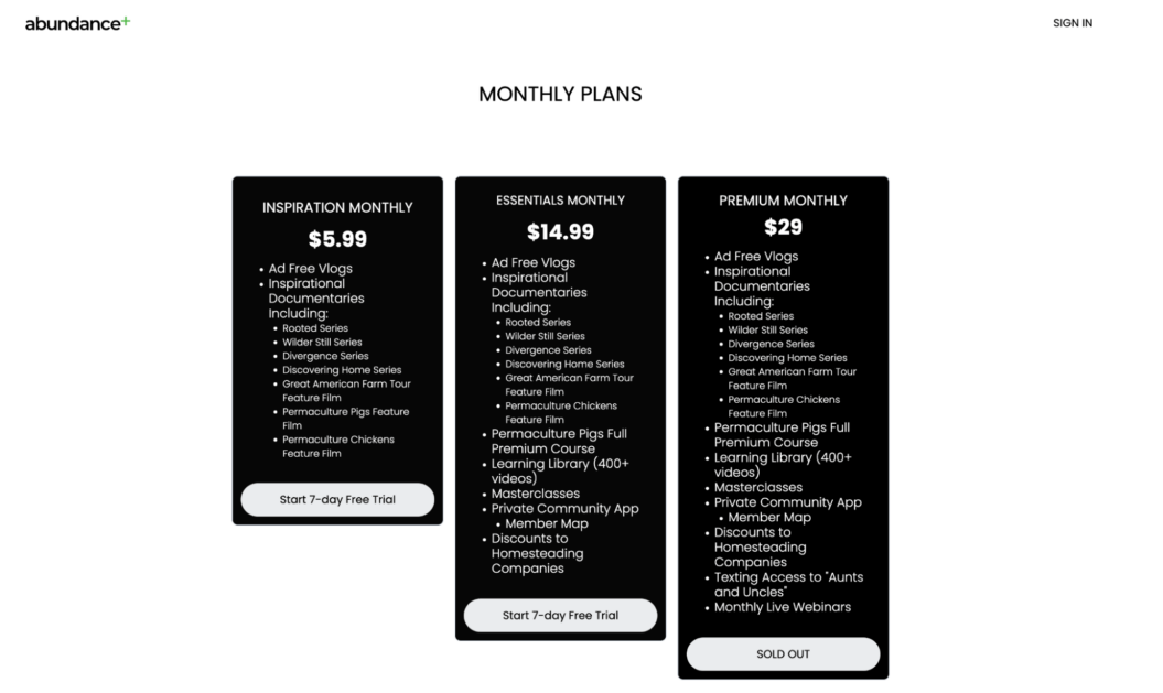 A screenshot of Uscreen customer, Abundance Plus and how they structure their membership tiers and monthly plans.