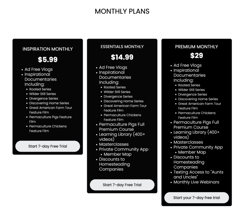 A screenshot of membership tiers and pricing plans from Abundance Plus.