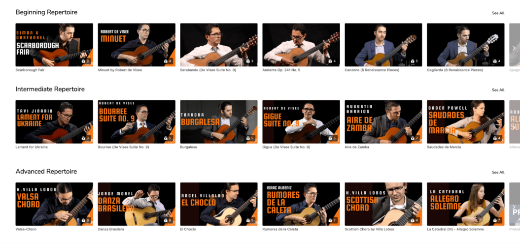 A screenshot shows the content library from Elite Guitarist.