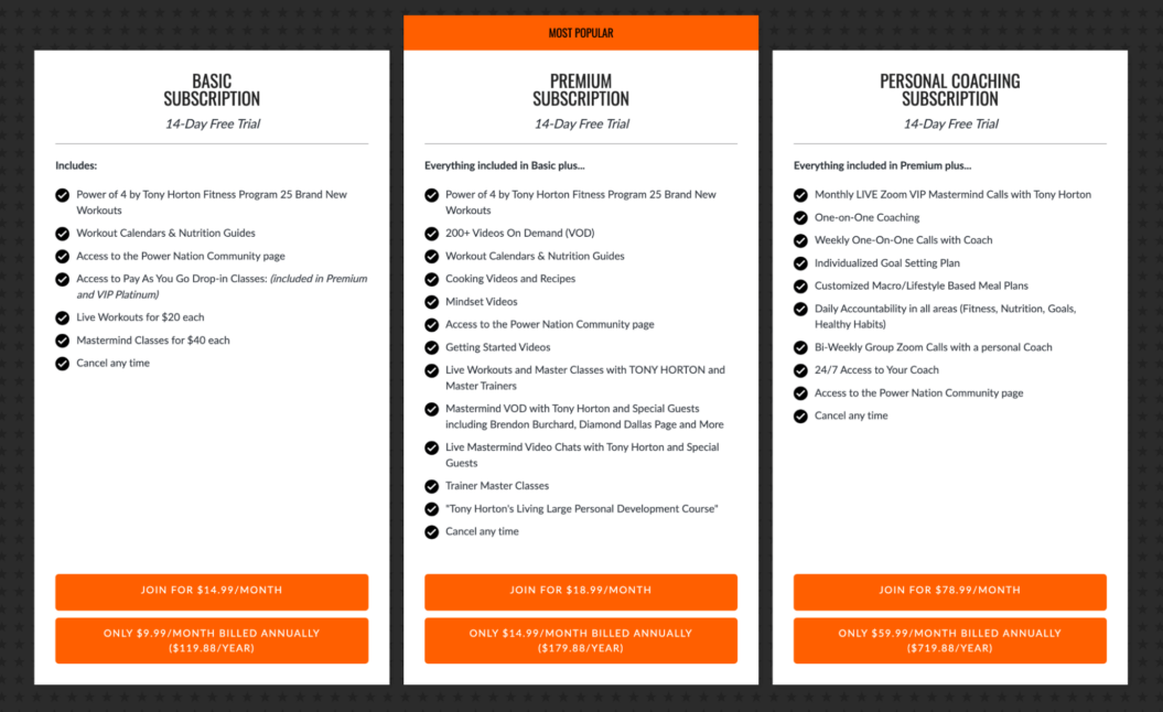 A screenshot of Power Nation Fitness' subscription tiers and plans.