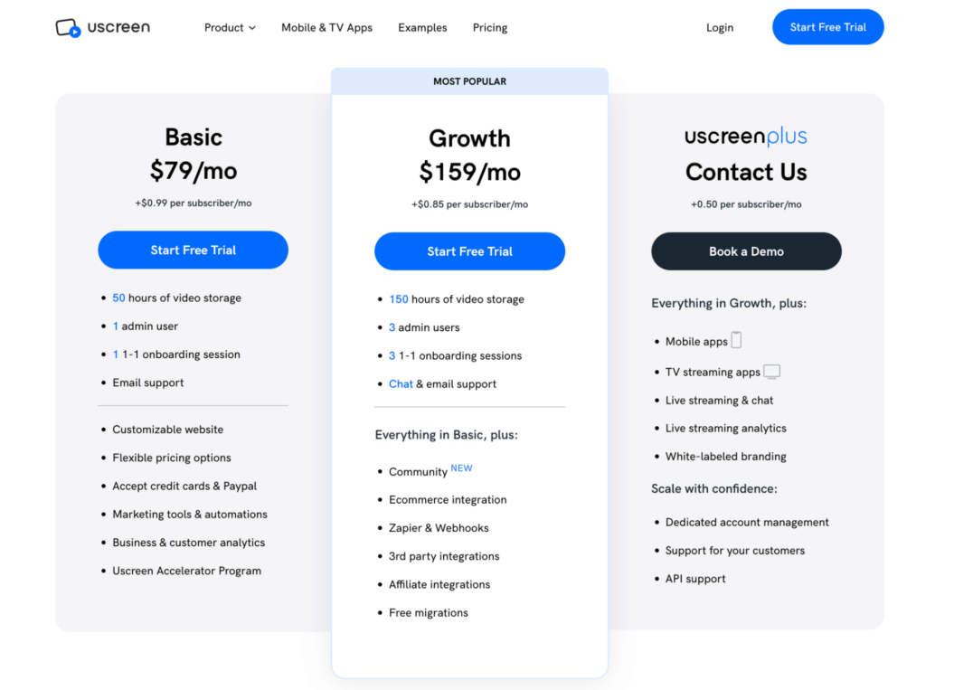 A screenshot of the new Uscreen pricing plans in 2023.
