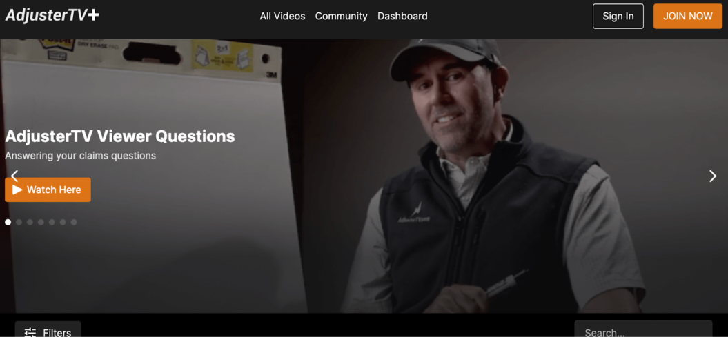 A screenshot of Adjuster TV+ membership site example for educational content.
