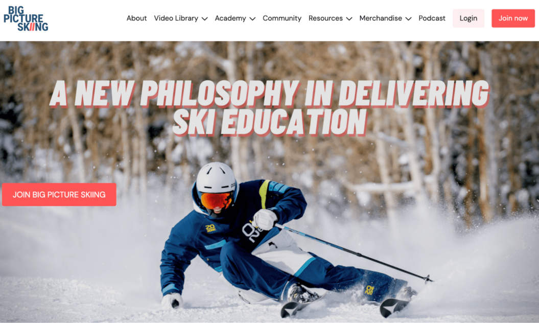 A screenshot of membership site Big Picture Skiing membership website example for support resources.