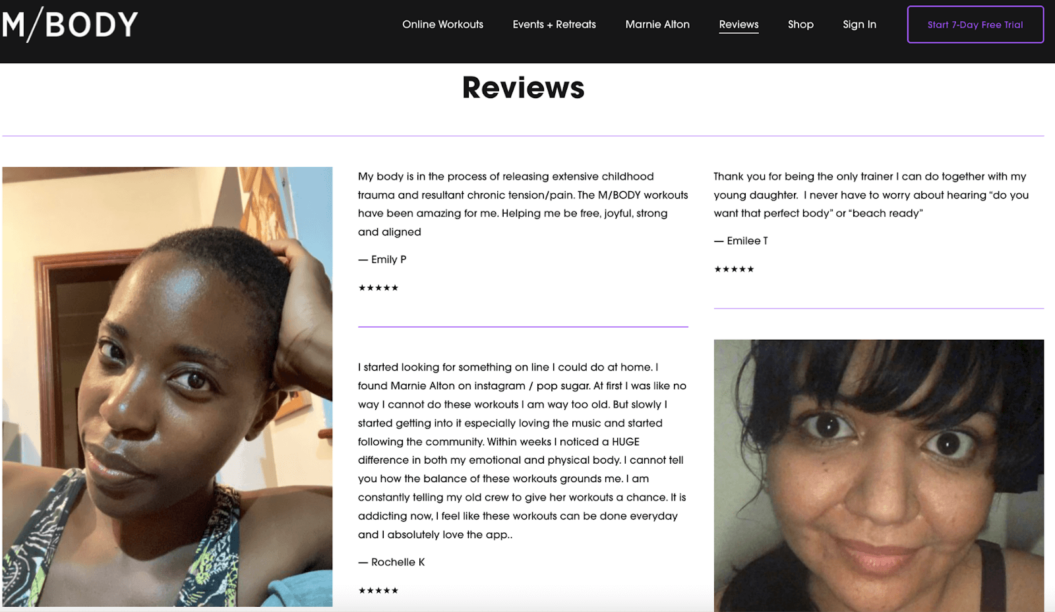 A screenshot of how membership websites can display customer reviews and testimonials.