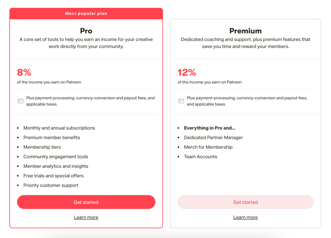 A screenshot of Patreon's percentage based pricing.