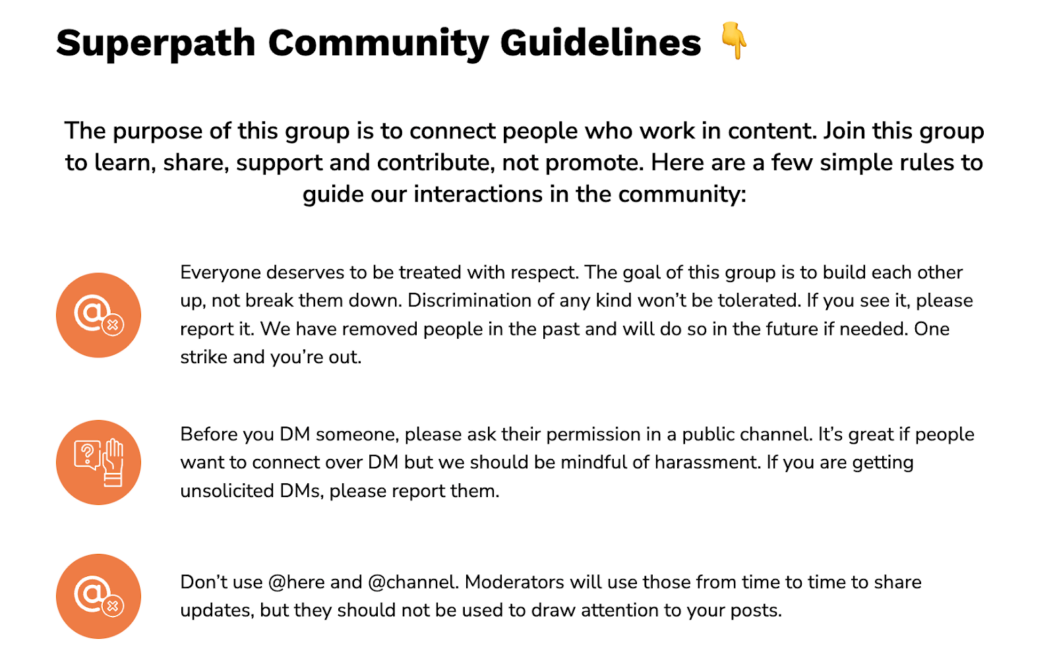 A screenshot of Superpath's community guidelines.