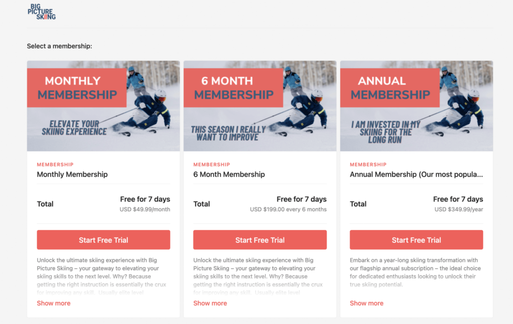 Image showing BigPictureSkiing's subscription plans.