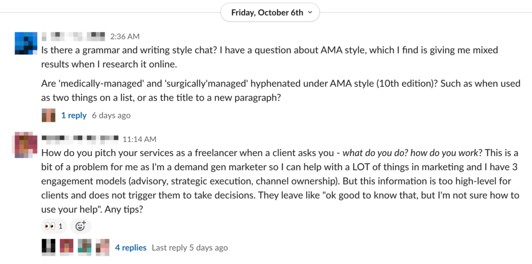 Screenshot shows a discussion within the Peak Freelance online community.