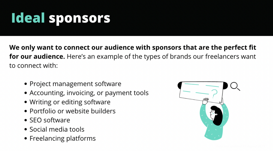 Image showing a list of features an ideal sponsor should have for a specific audience.