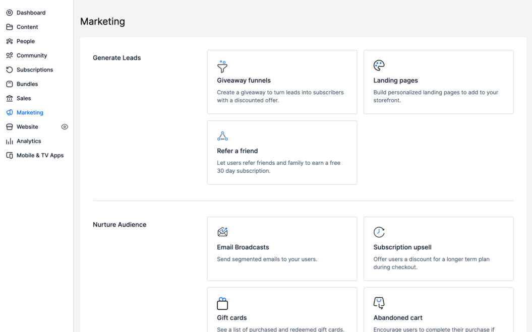 A screenshot of Uscreen's marketing tools ranging from giveaway funnels, landing pages, email, subscription upsells, gift cards to coupons and push notifications.