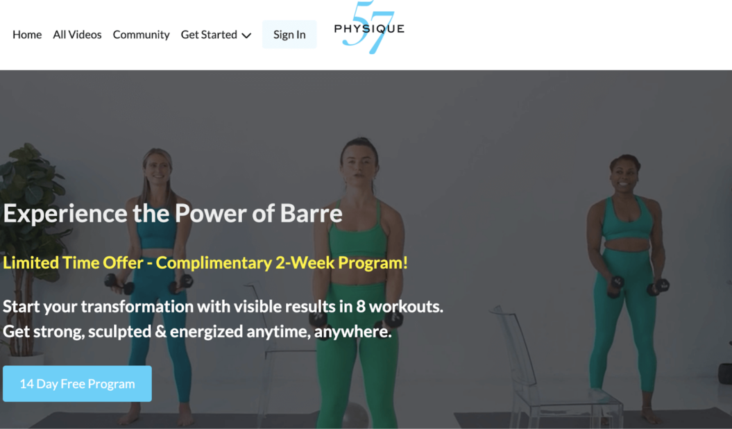 Physique57 is a barre fitness membership site that promises its members visible results in as little as 8 workouts.