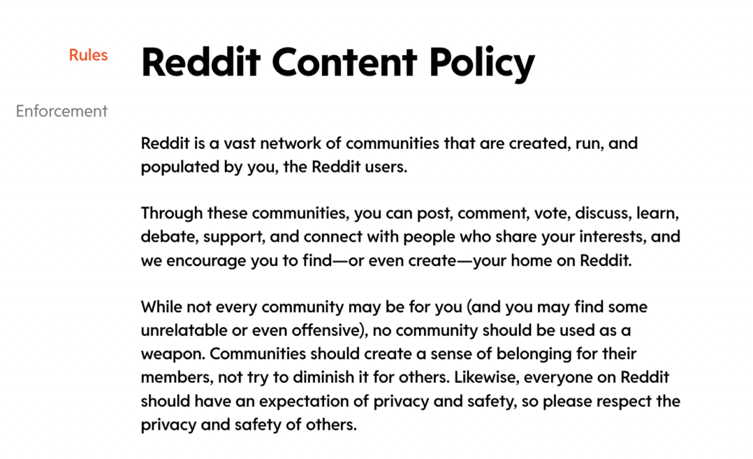 Image of Reddit's content policy.