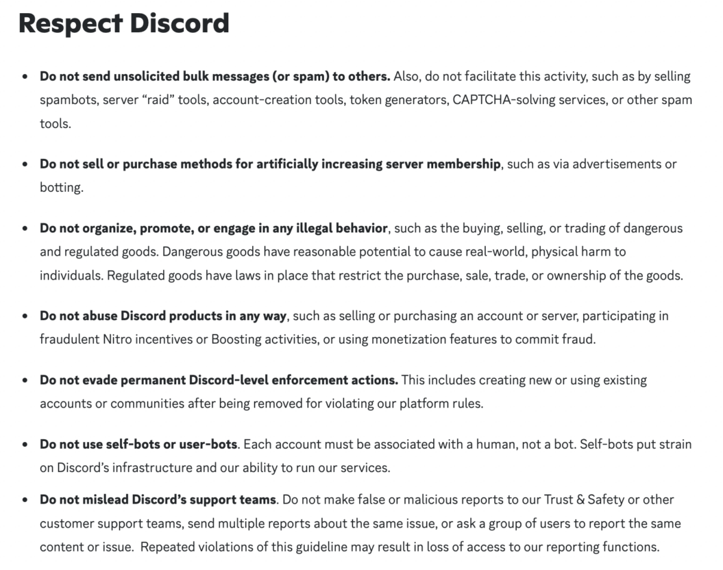 Image of Discord's community guidelines.