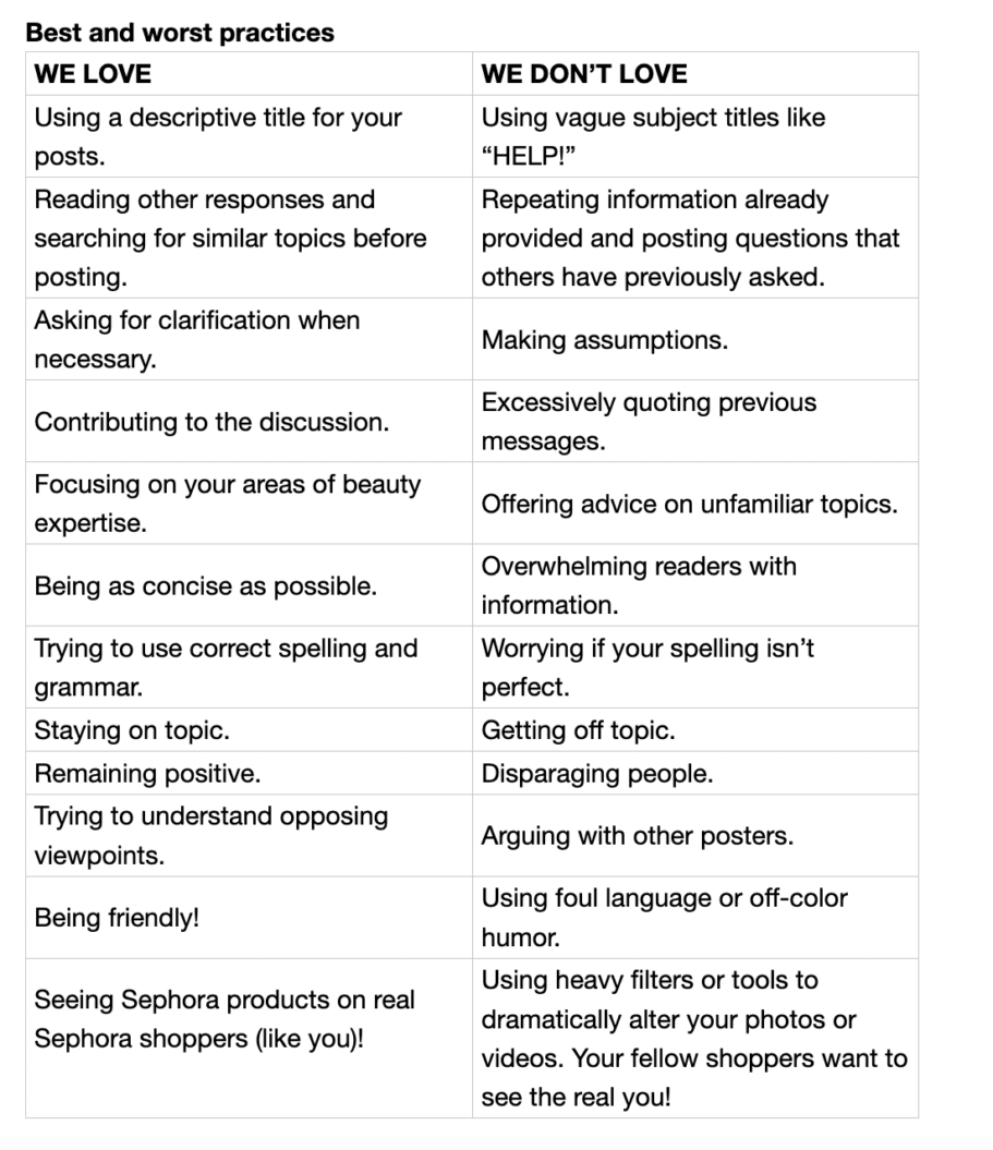 Image of Sephora's community do's and don'ts.