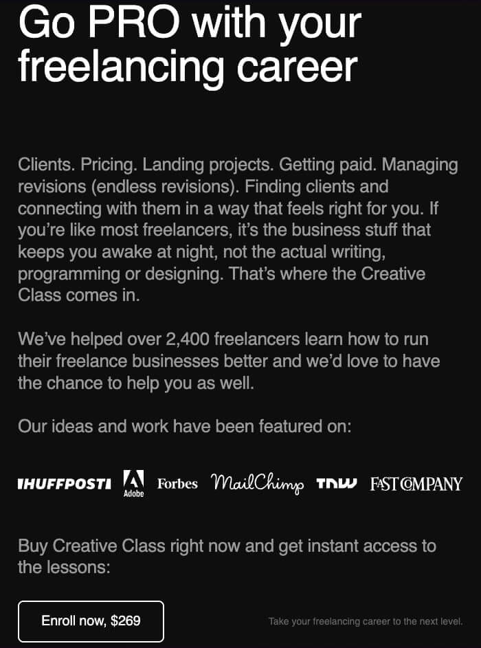 Screenshot from the Creative Class course landing page