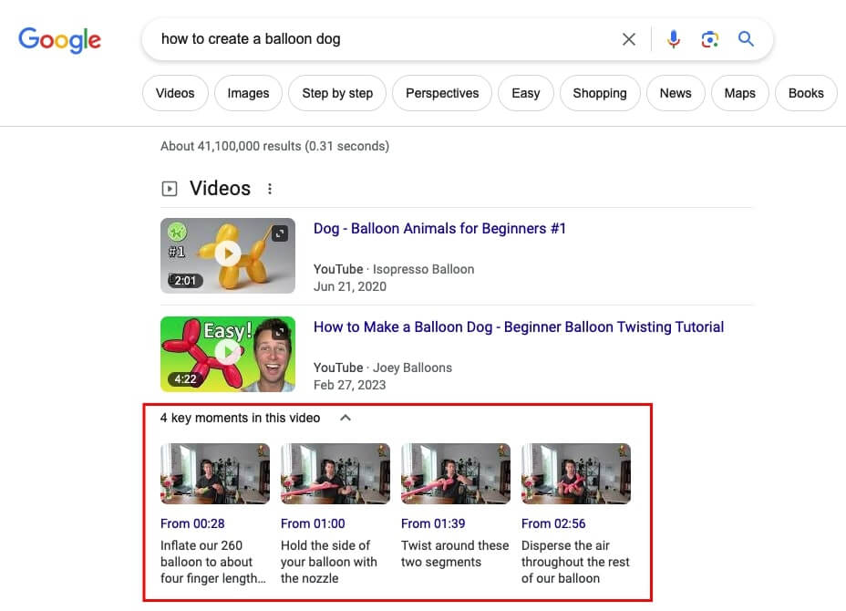 screenshot illustrating the key moments serp feature in google