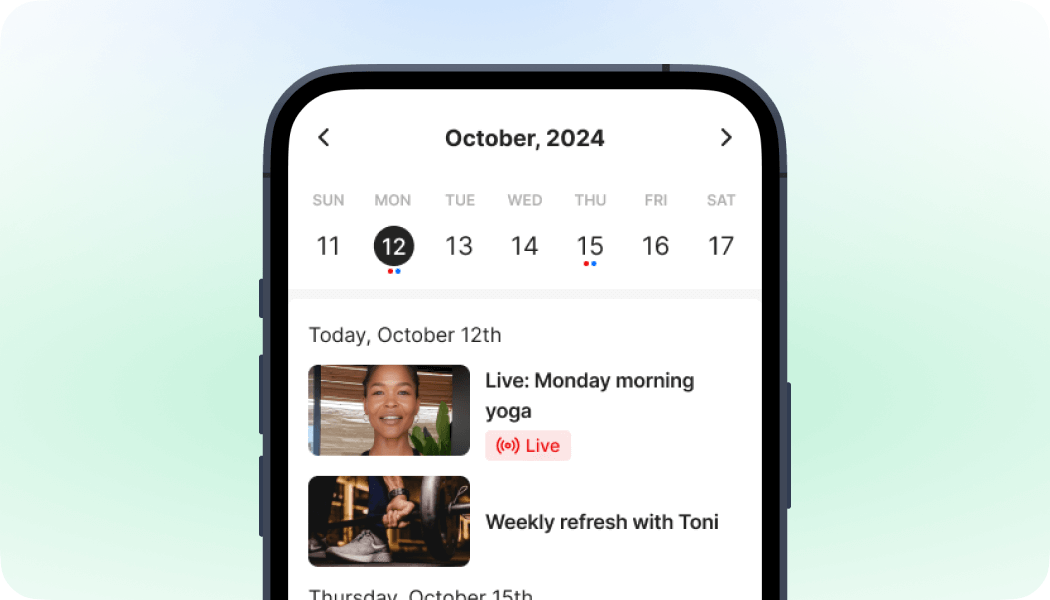 Image of phone screen showing Uscreen's Live Studio calendar feature.